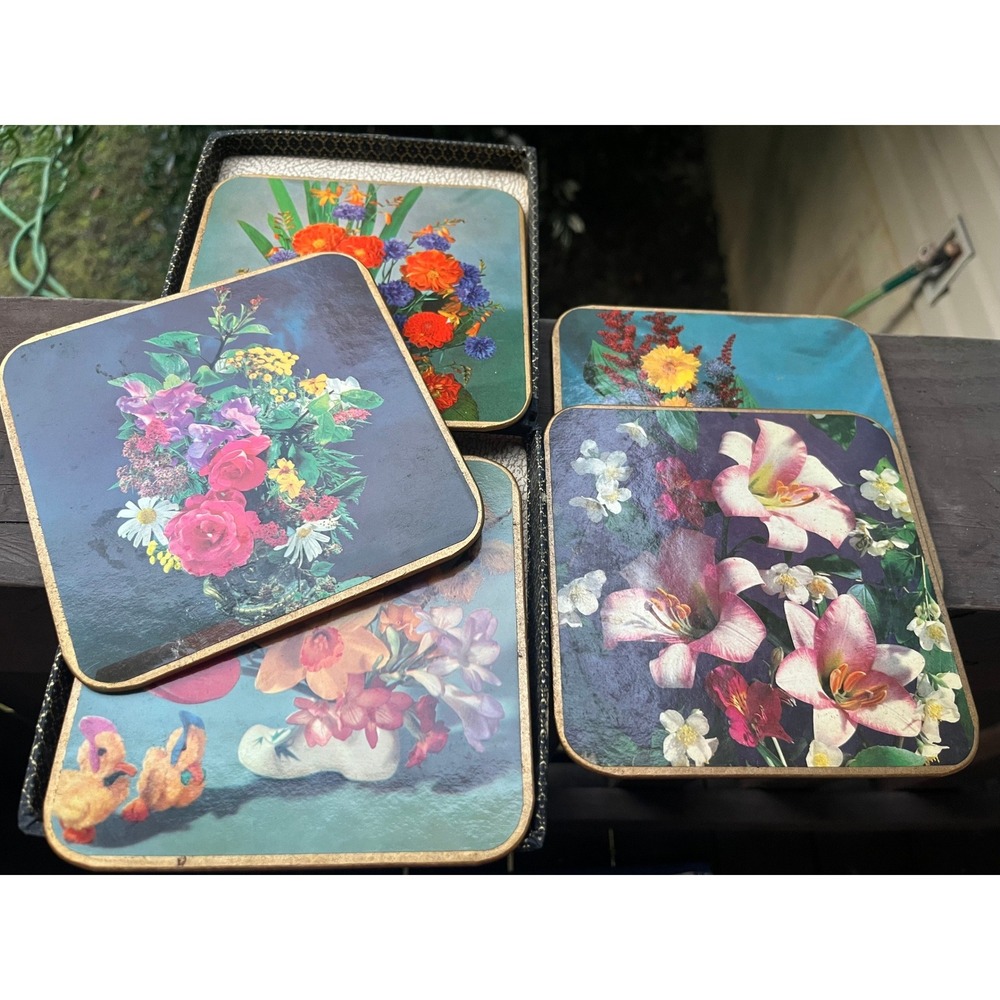 Vintage Win-El-Ware Floral Coasters Set of 6 Made in England Mid Century Modern